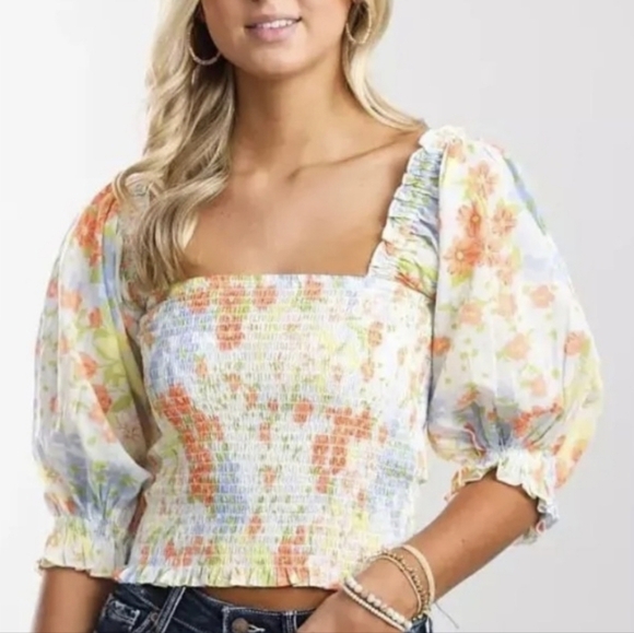 Billabong feeling groovy floral puff 3/4 off shoulder sleeve ruched crop top 💋 - Picture 1 of 9